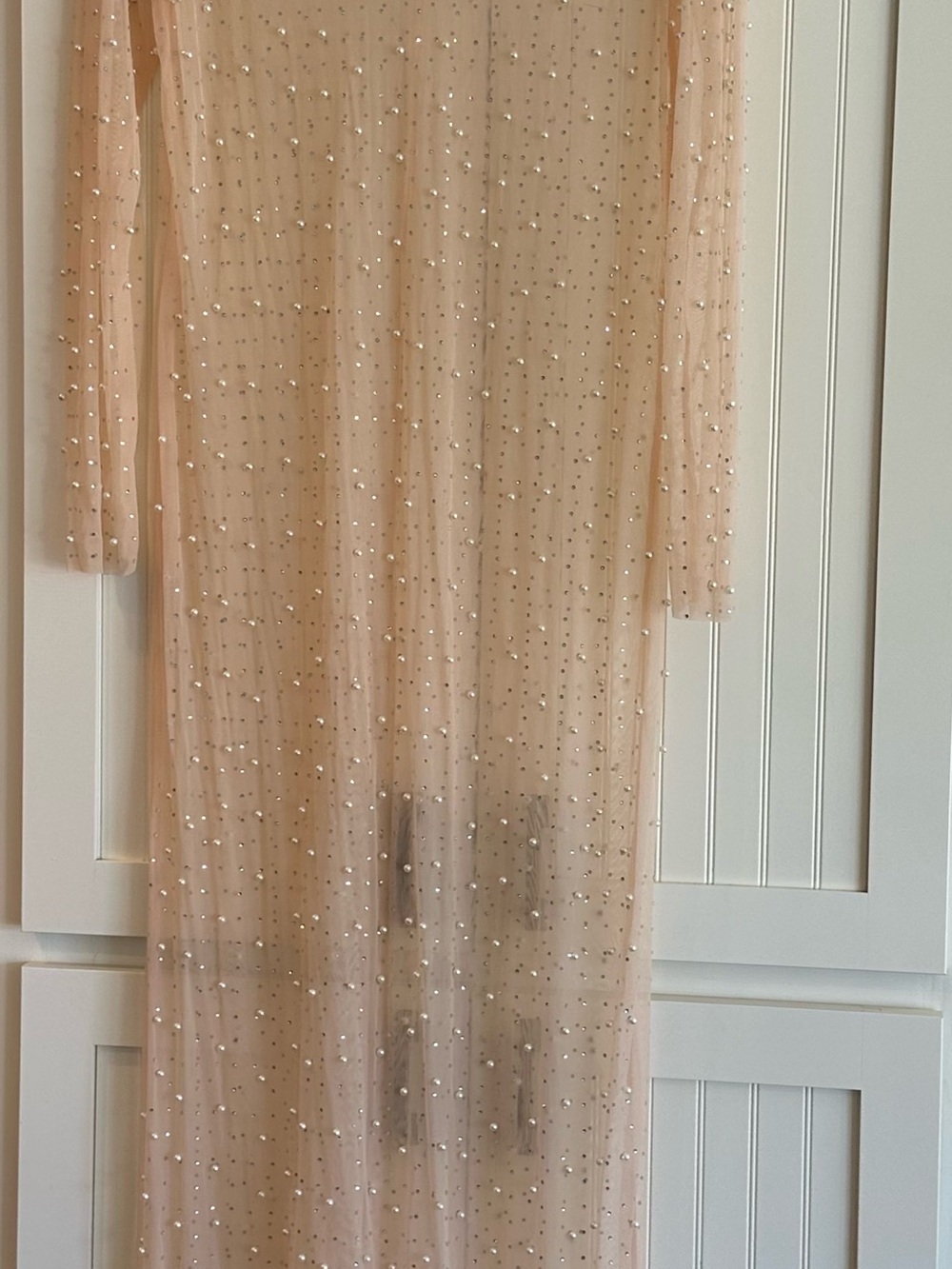 Sheer Blush Beaded Long Sleeve Maxi Dress